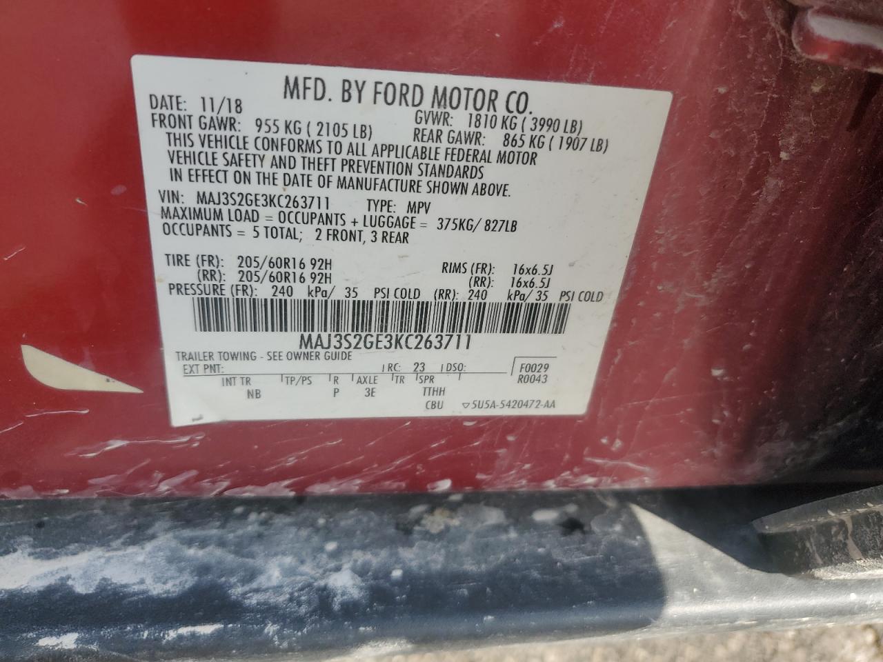 2019 Ford Ecosport Se VIN: MAJ3S2GE3KC263711 Lot: 86244795