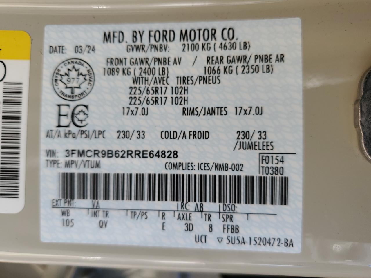 2024 Ford Bronco Sport Big Bend VIN: 3FMCR9B62RRE64828 Lot: 85320765