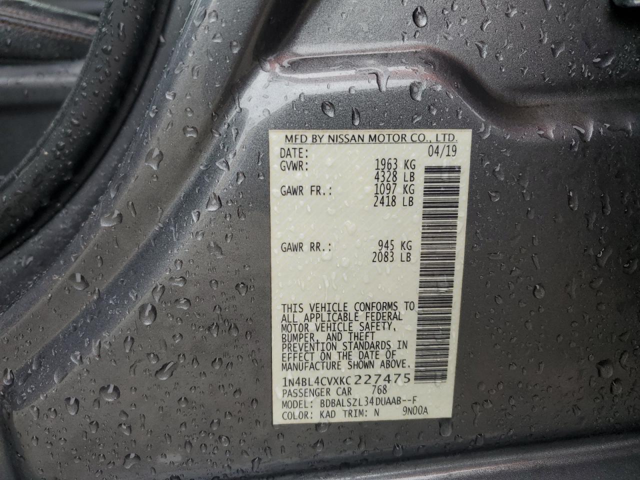 2019 Nissan Altima Sr VIN: 1N4BL4CVXKC227475 Lot: 86312605