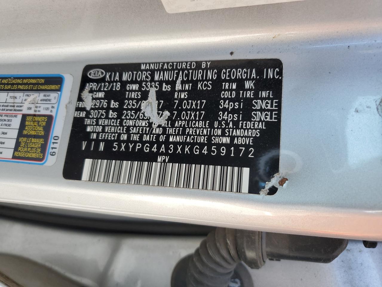 2019 Kia Sorento L VIN: 5XYPG4A3XKG459172 Lot: 82461095