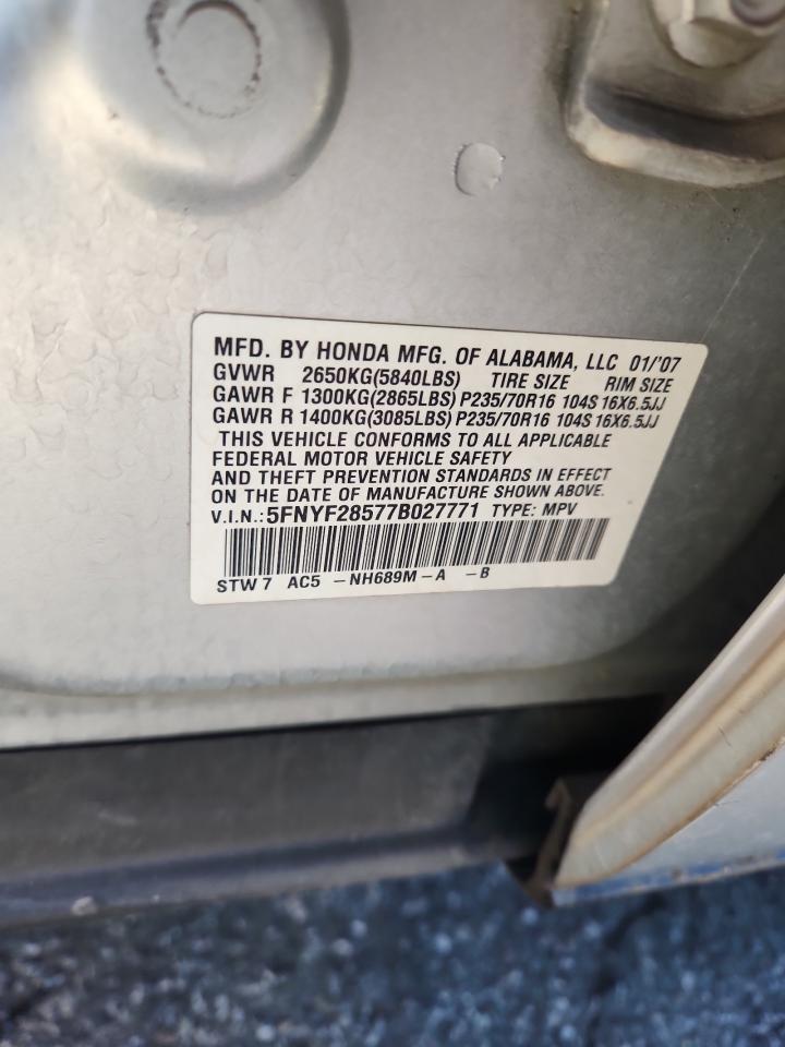 2007 Honda Pilot Exl VIN: 5FNYF28577B027771 Lot: 86219905