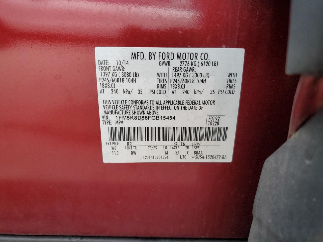 2015 Ford Explorer Xlt VIN: 1FM5K8D86FGB15454 Lot: 89618635