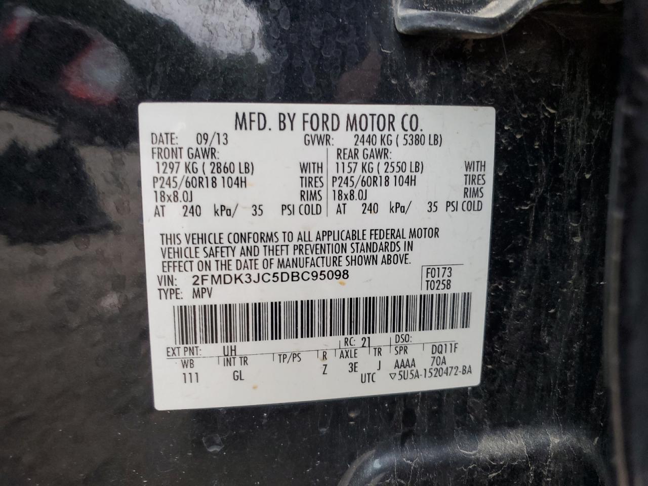 2013 Ford Edge Sel VIN: 2FMDK3JC5DBC95098 Lot: 85490135