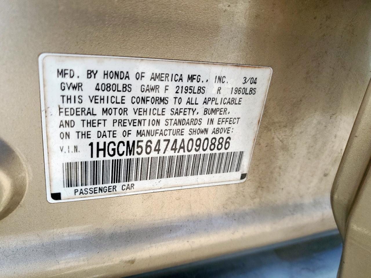 2004 Honda Accord Lx VIN: 1HGCM56474A090886 Lot: 84937665