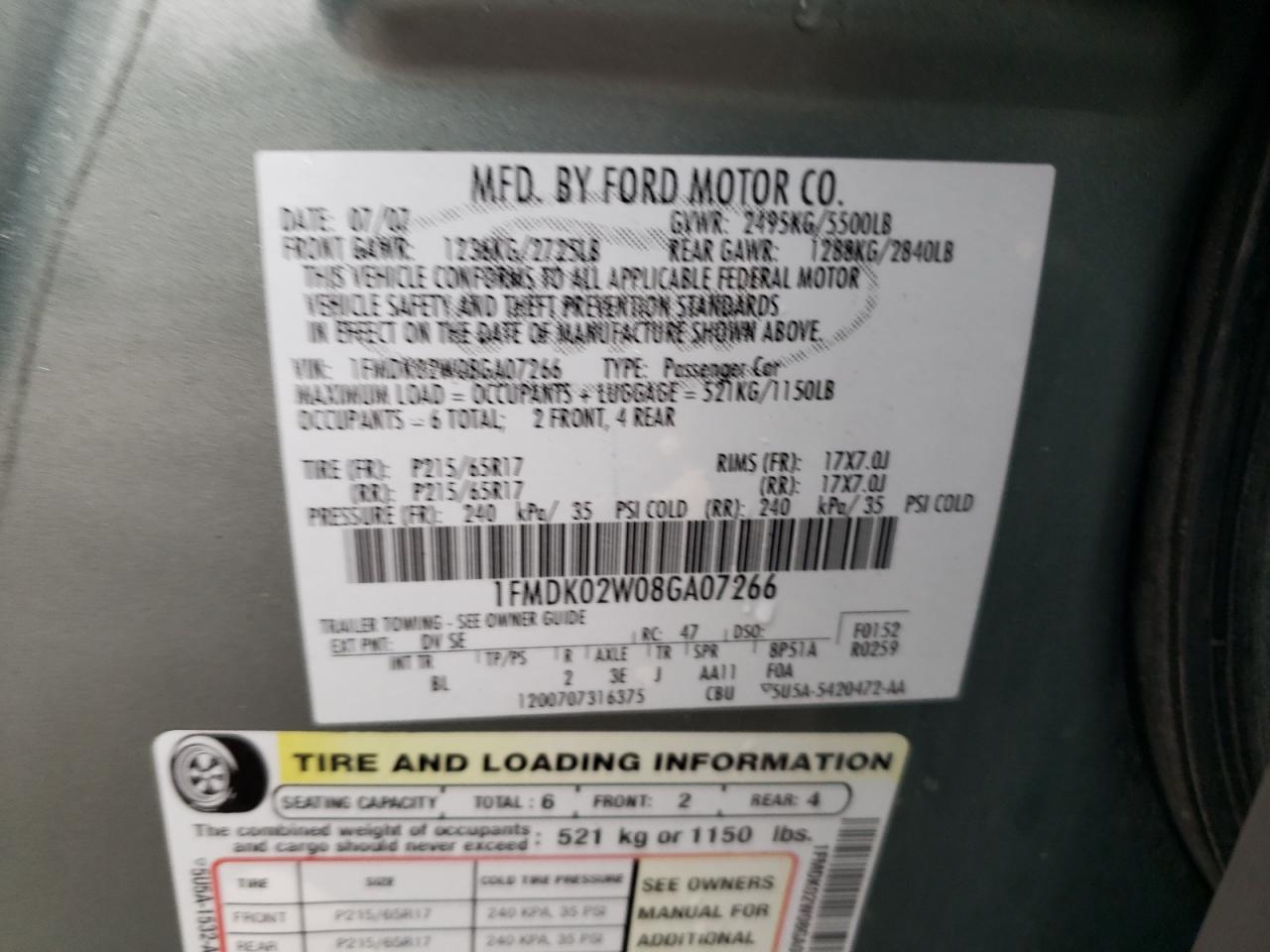 2008 Ford Taurus X Sel VIN: 1FMDK02W08GA07266 Lot: 85518395