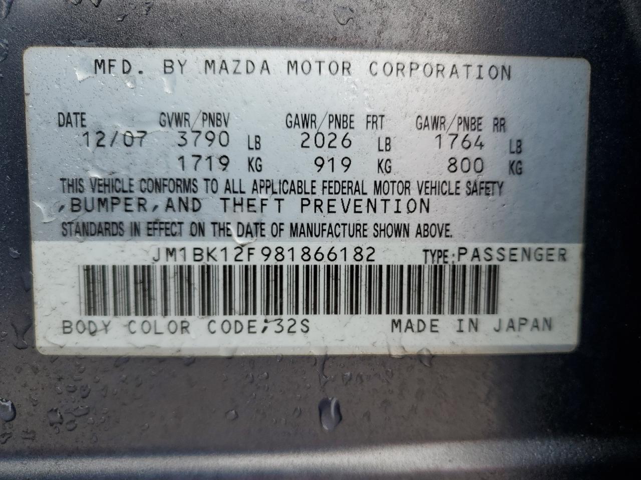 2008 Mazda 3 I VIN: JM1BK12F981866182 Lot: 85206675