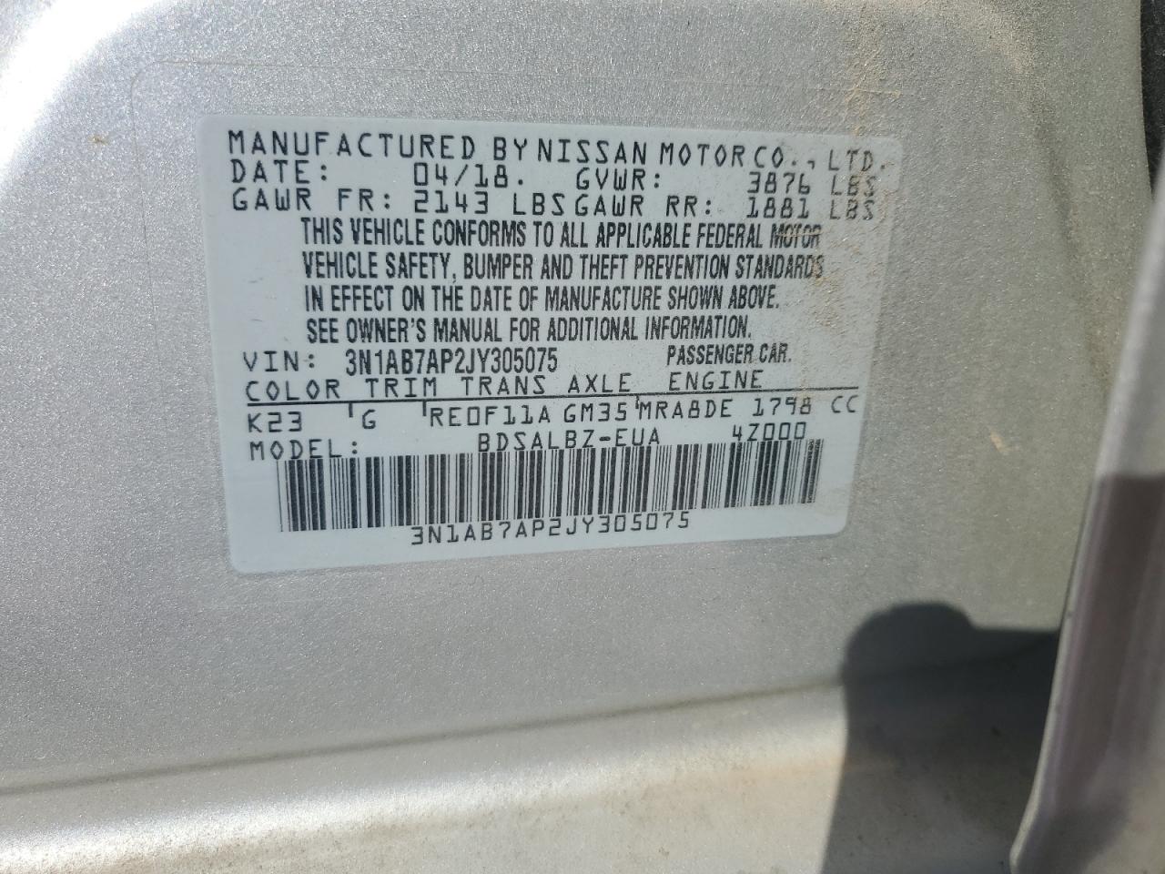 2018 Nissan Sentra S VIN: 3N1AB7AP2JY305075 Lot: 87026125