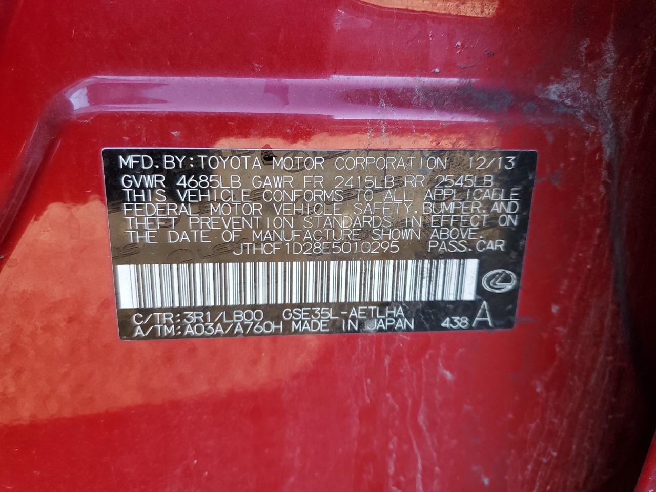 2014 Lexus Is 250 VIN: JTHCF1D28E5010295 Lot: 81980055