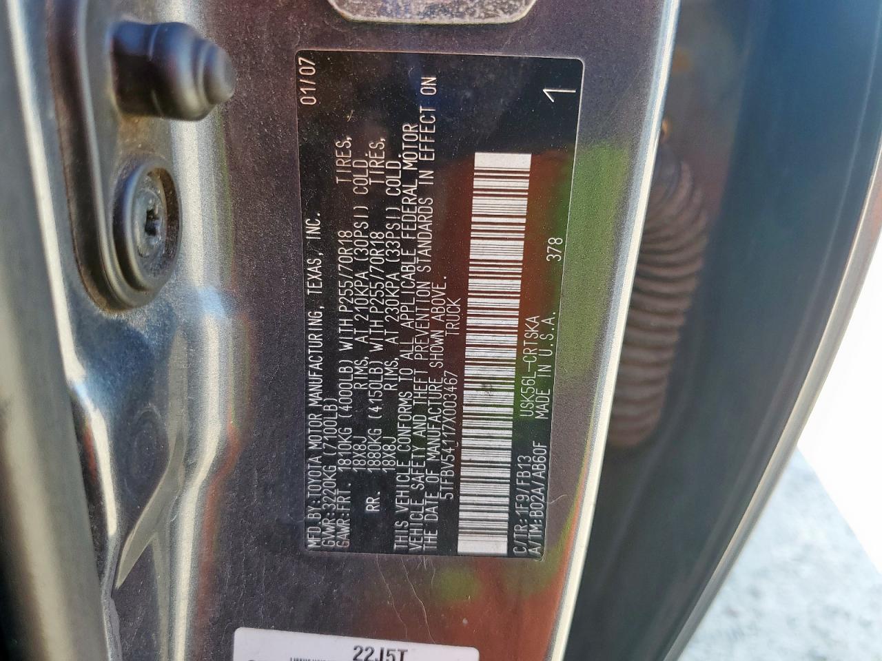 2007 Toyota Tundra Double Cab Sr5 VIN: 5TFBV54117X003467 Lot: 86607875