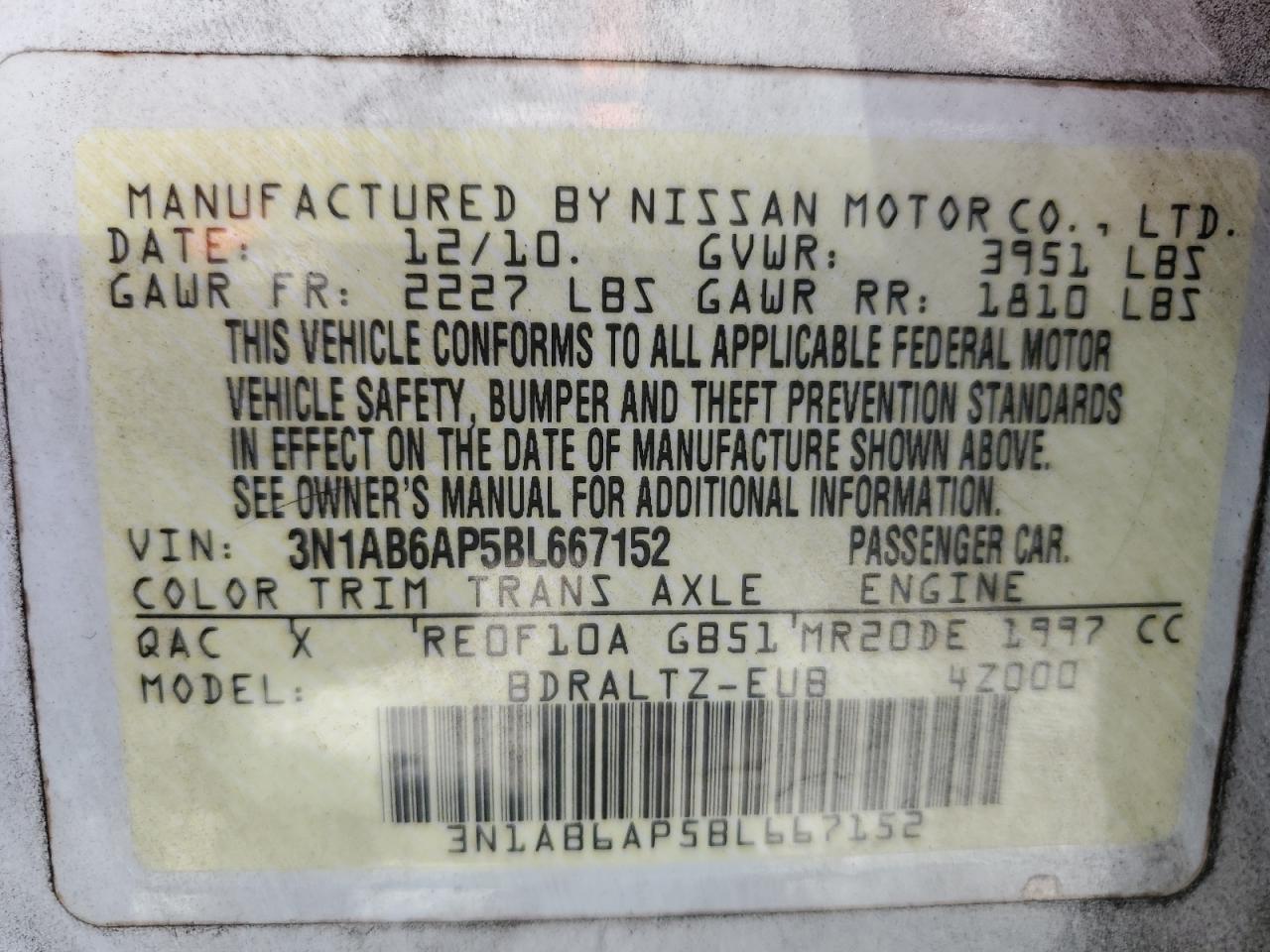 2011 Nissan Sentra 2.0 VIN: 3N1AB6AP5BL667152 Lot: 86656765