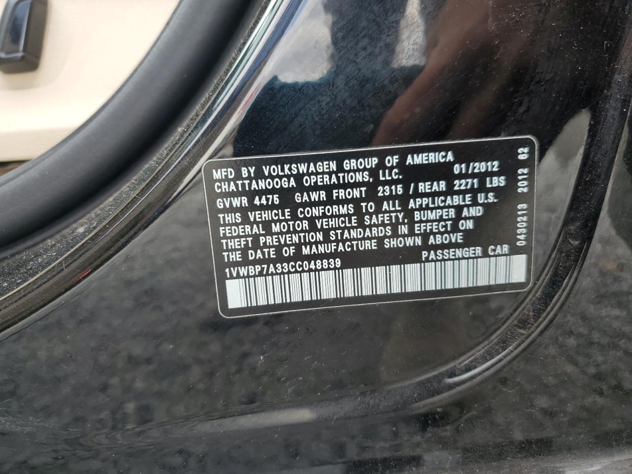 2012 Volkswagen Passat Se VIN: 1VWBP7A33CC048839 Lot: 86254685