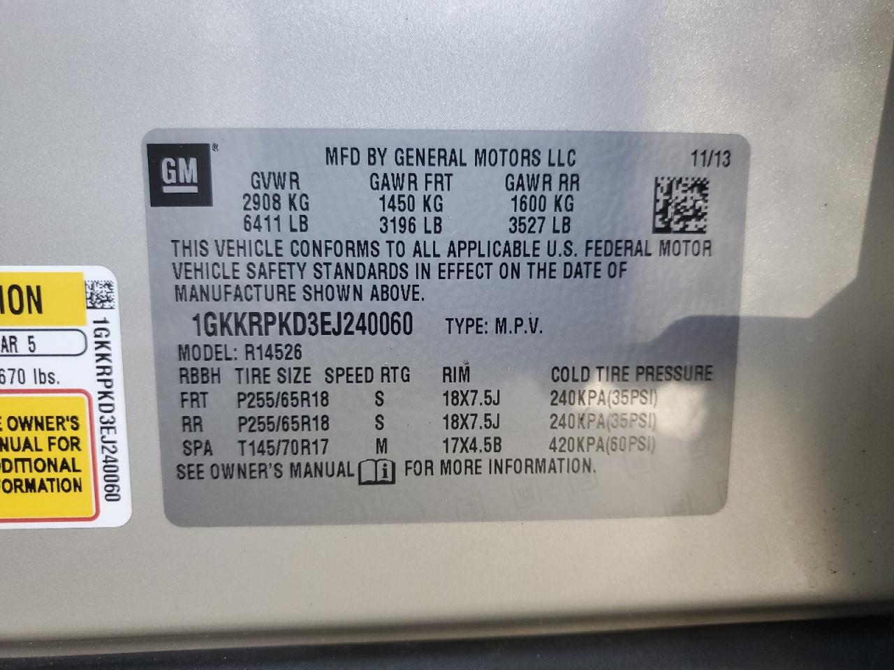 2014 GMC Acadia Sle VIN: 1GKKRPKD3EJ240060 Lot: 81998425