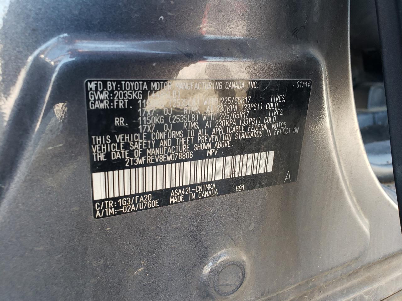 2014 Toyota Rav4 Xle VIN: 2T3WFREV8EW078806 Lot: 85140385