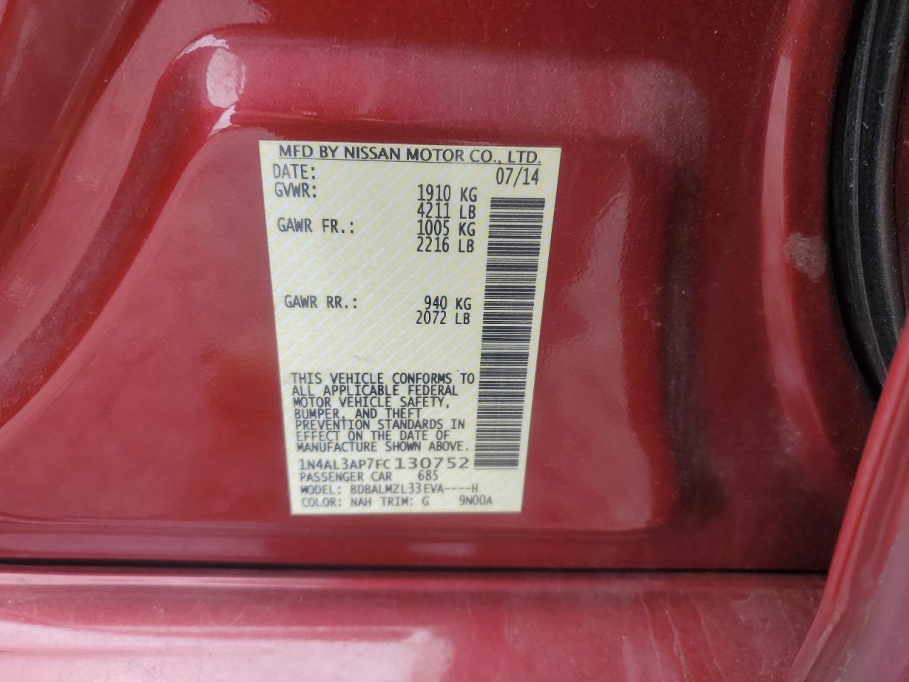 2015 Nissan Altima 2.5 VIN: 1N4AL3AP7FC130752 Lot: 86139965