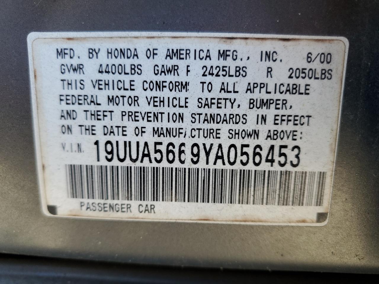 2000 Acura 3.2Tl VIN: 19UUA5669YA056453 Lot: 85710225