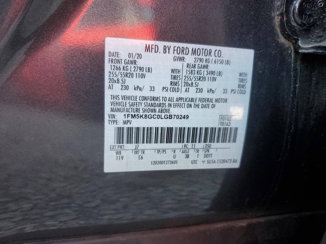 2020 Ford Explorer St VIN: 1FM5K8GC0LGB70249 Lot: 83928865