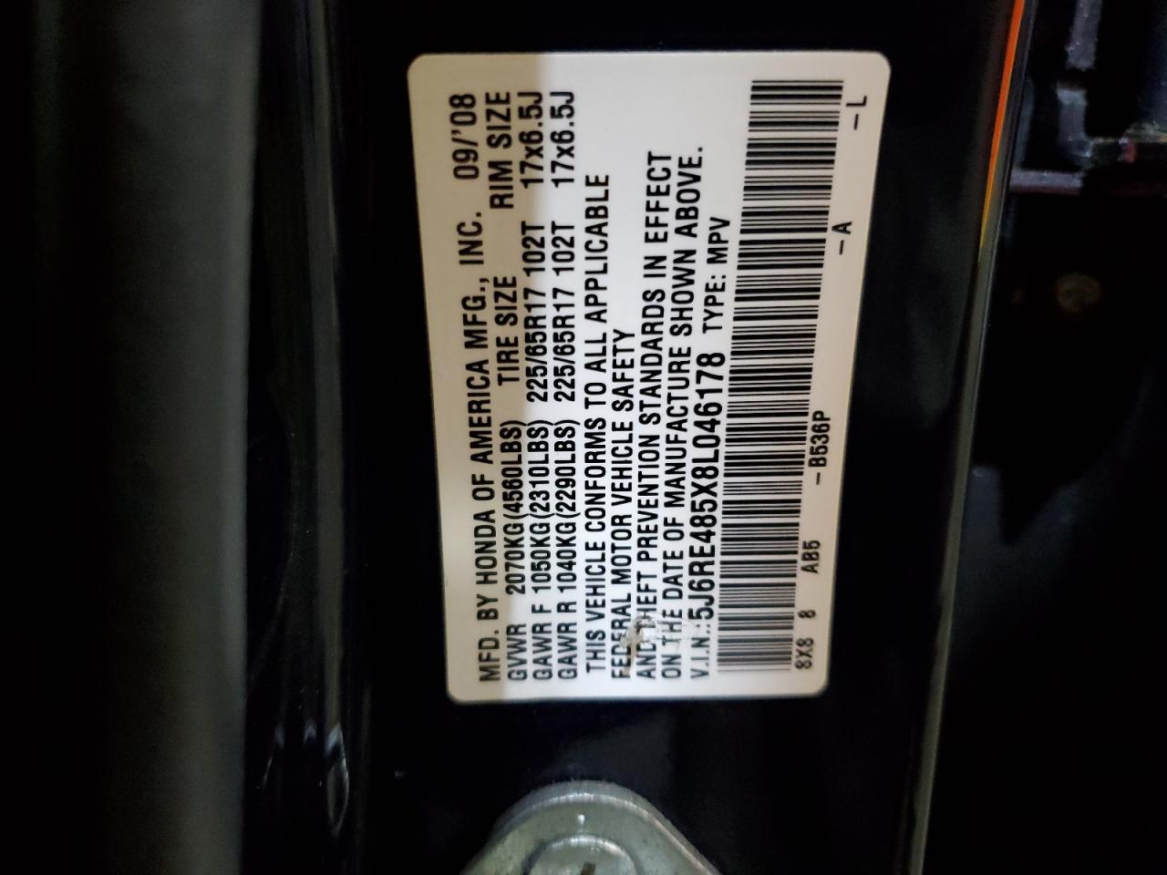 2008 Honda Cr-V Ex VIN: 5J6RE485X8L046178 Lot: 86876925