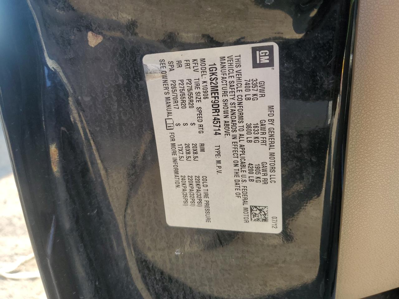 2013 GMC Yukon Xl Denali VIN: 1GKS2MEF9DR145714 Lot: 84835255