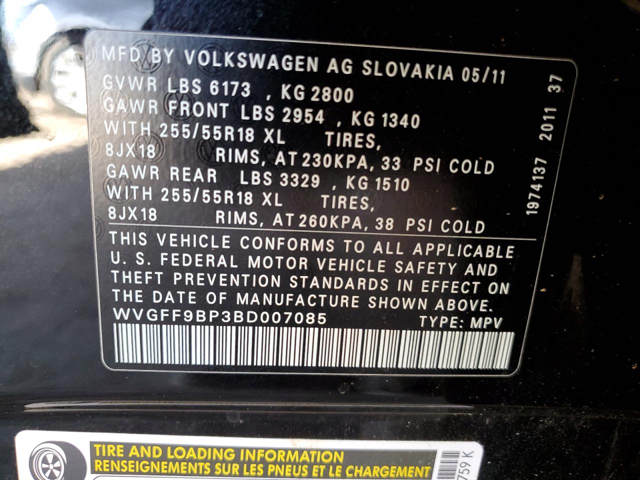 2011 Volkswagen Touareg V6 VIN: WVGFF9BP3BD007085 Lot: 85376865