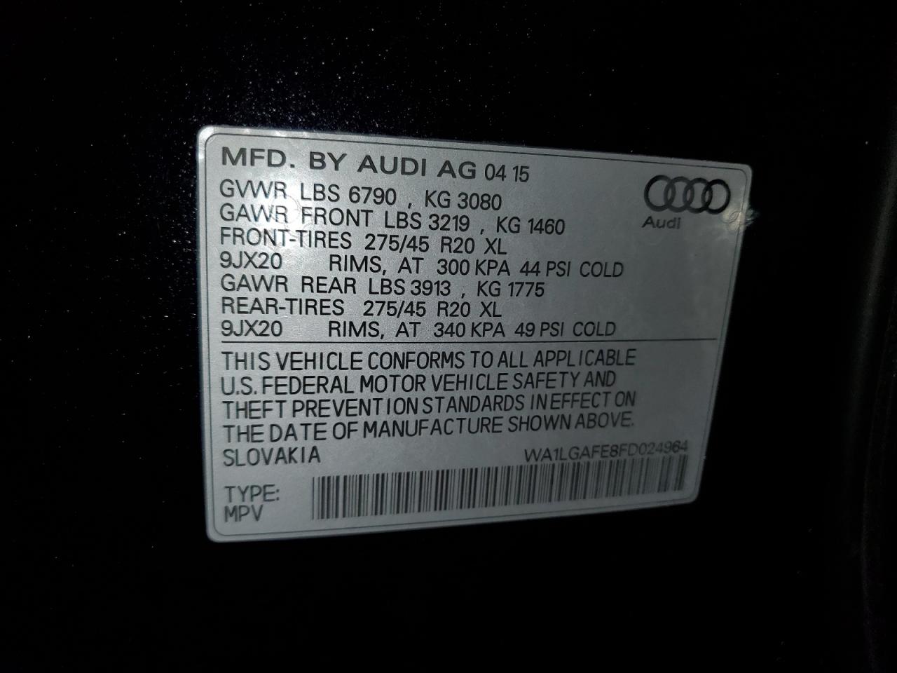 2015 Audi Q7 Premium Plus VIN: WA1LGAFE8FD024964 Lot: 90078015