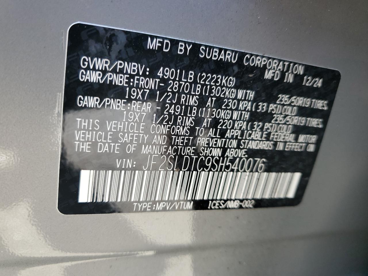 2025 Subaru Forester Touring VIN: JF2SLDTC9SH540076 Lot: 85276825