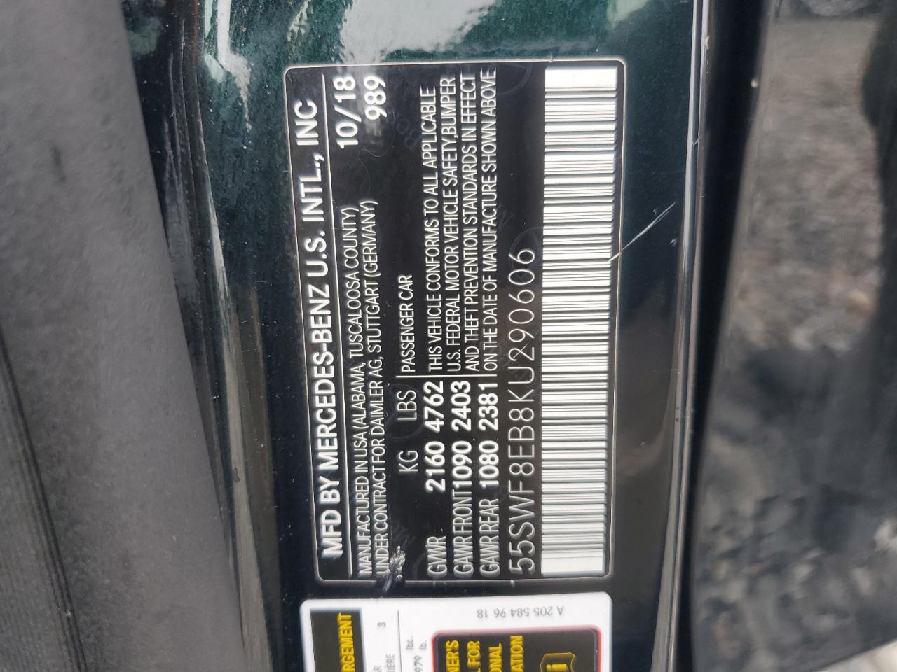 2019 Mercedes-Benz C 300 4Matic VIN: 55SWF8EB8KU290606 Lot: 81893715