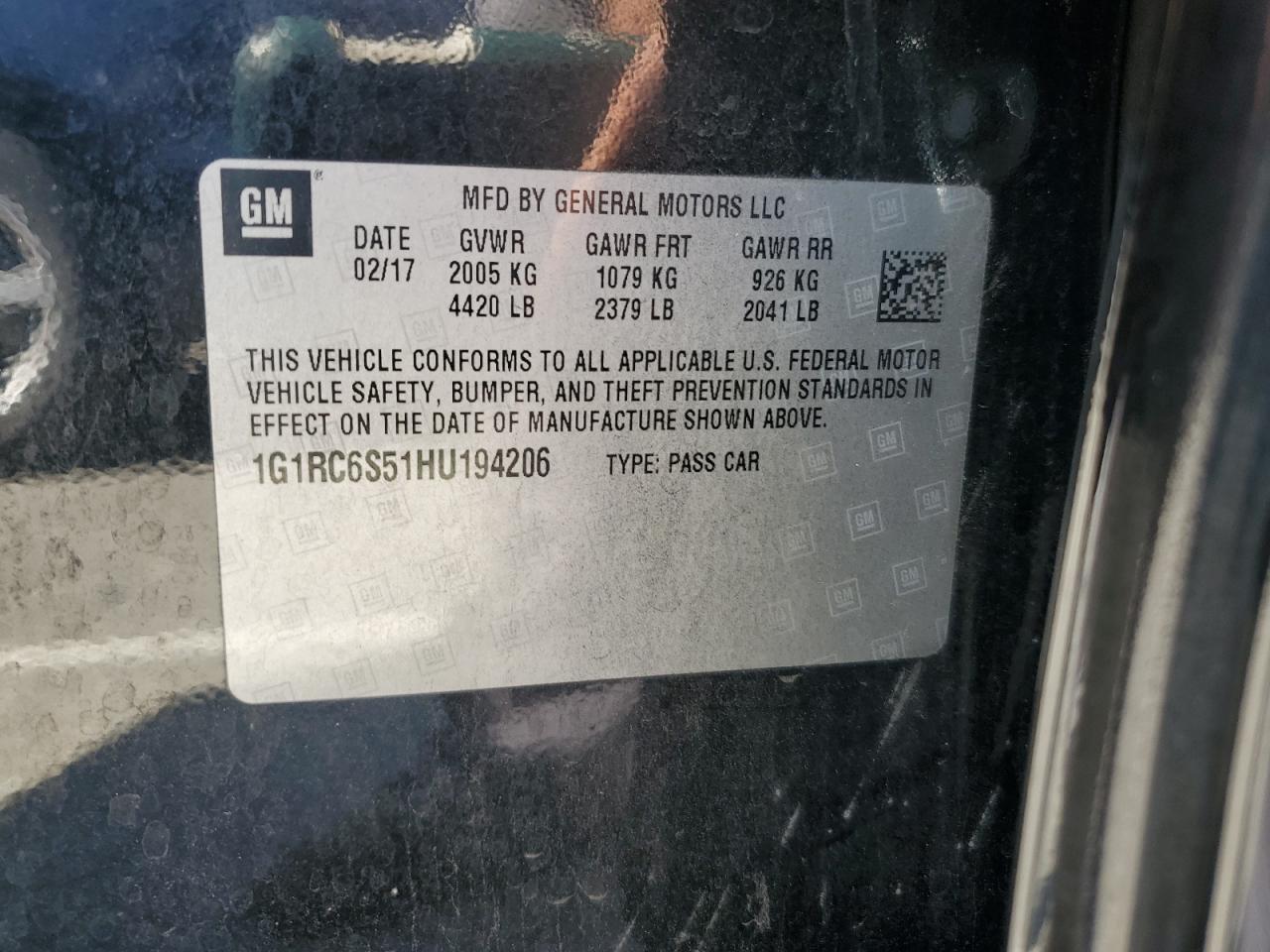 2017 Chevrolet Volt Lt VIN: 1G1RC6S51HU194206 Lot: 87483515