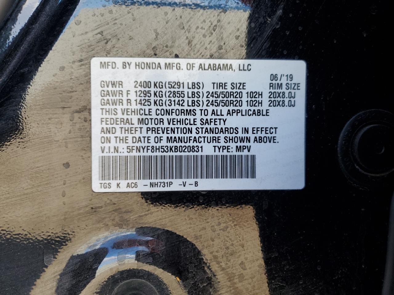 2019 Honda Passport Exl VIN: 5FNYF8H53KB020831 Lot: 85941905
