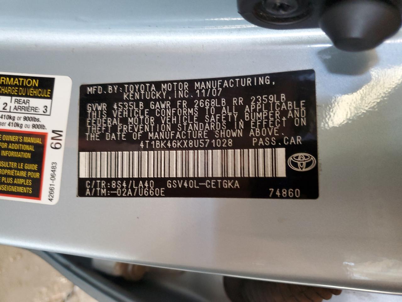 2008 Toyota Camry Le VIN: 4T1BK46KX8U571028 Lot: 85542305