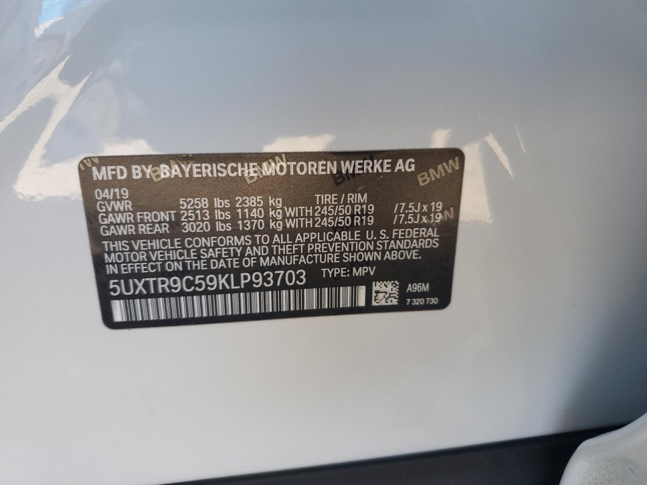 2019 BMW X3 xDrive30I VIN: 5UXTR9C59KLP93703 Lot: 84630385