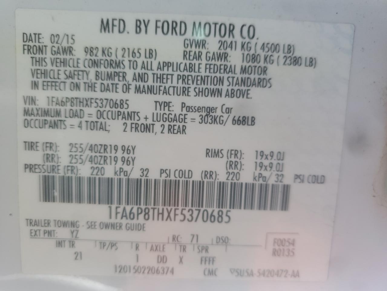 2015 Ford Mustang VIN: 1FA6P8THXF5370685 Lot: 85534795