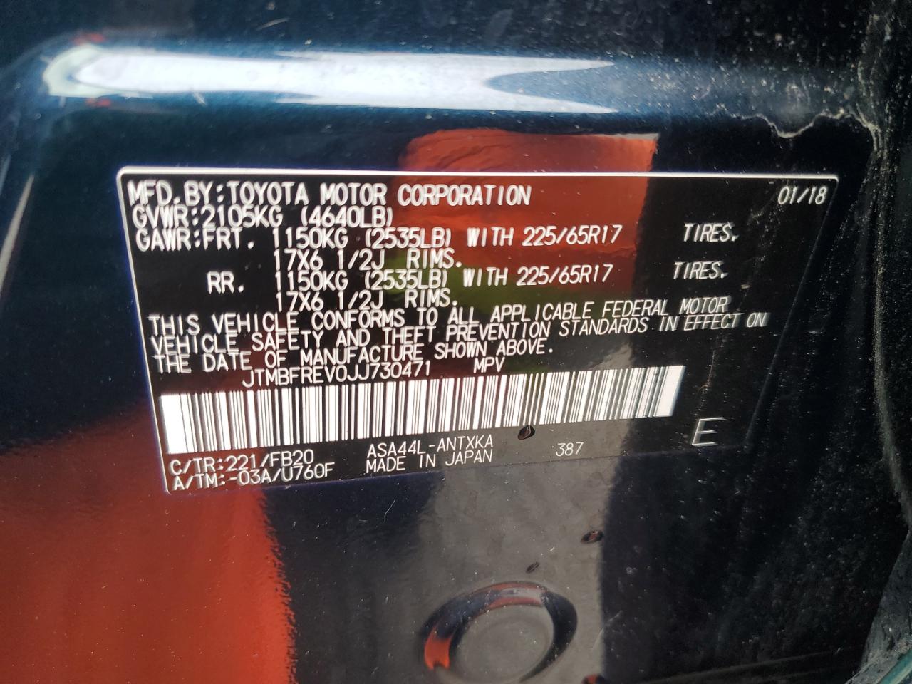 2018 Toyota Rav4 Le VIN: JTMBFREV0JJ730471 Lot: 85830985