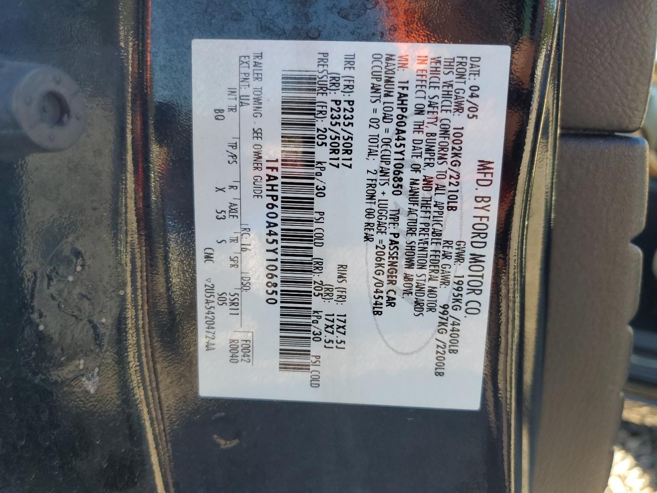 2005 Ford Thunderbird VIN: 1FAHP60A45Y106850 Lot: 86125795