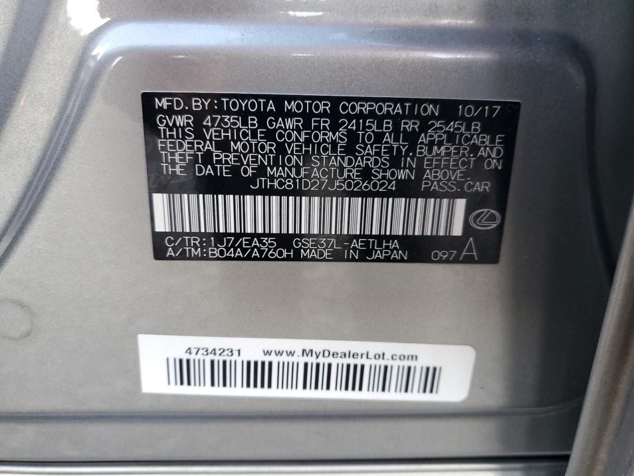 2018 Lexus Is 300 VIN: JTHC81D27J5026024 Lot: 86707835