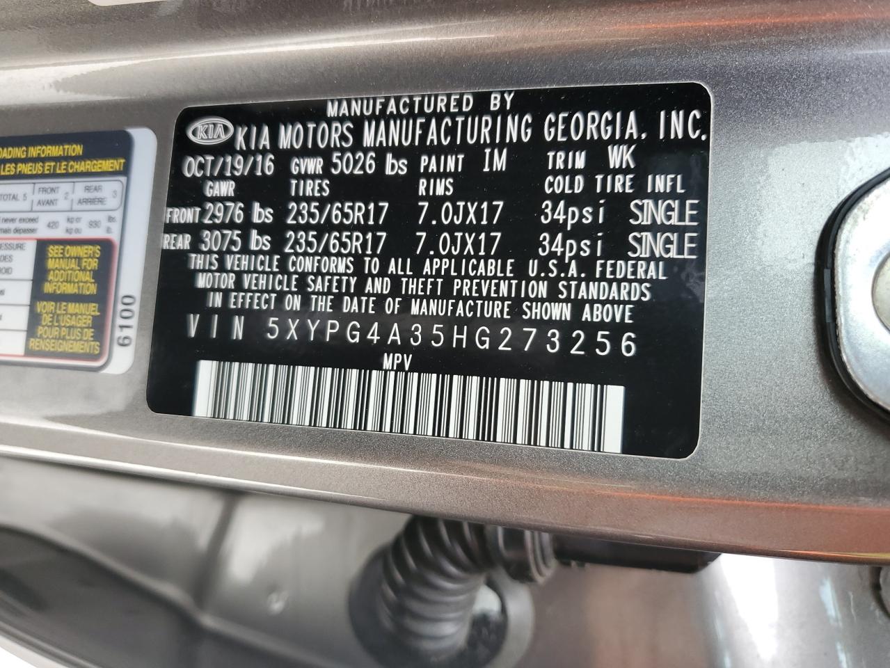 2017 Kia Sorento Lx VIN: 5XYPG4A35HG273256 Lot: 86177735