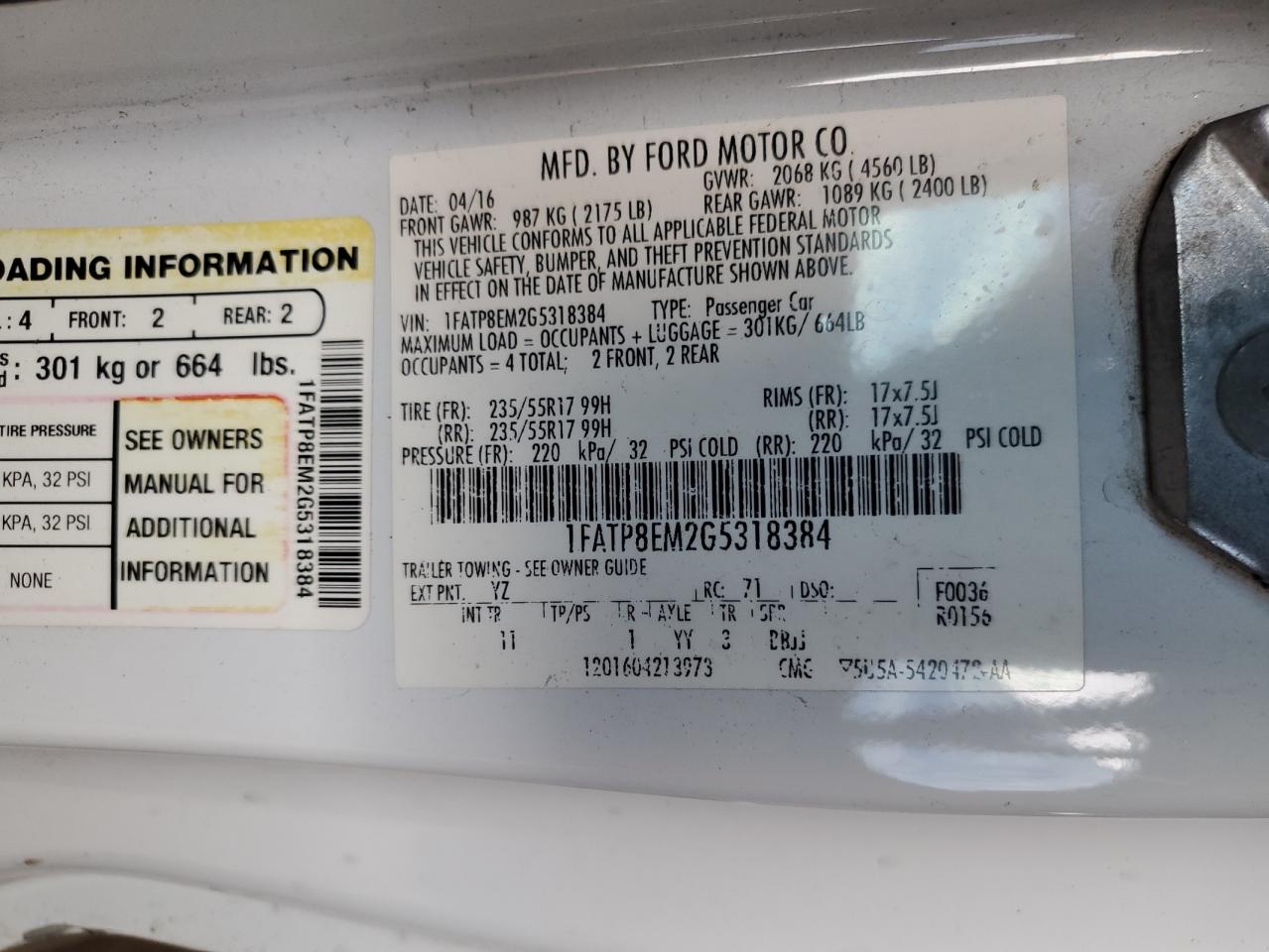 2016 Ford Mustang VIN: 1FATP8EM2G5318384 Lot: 85717475