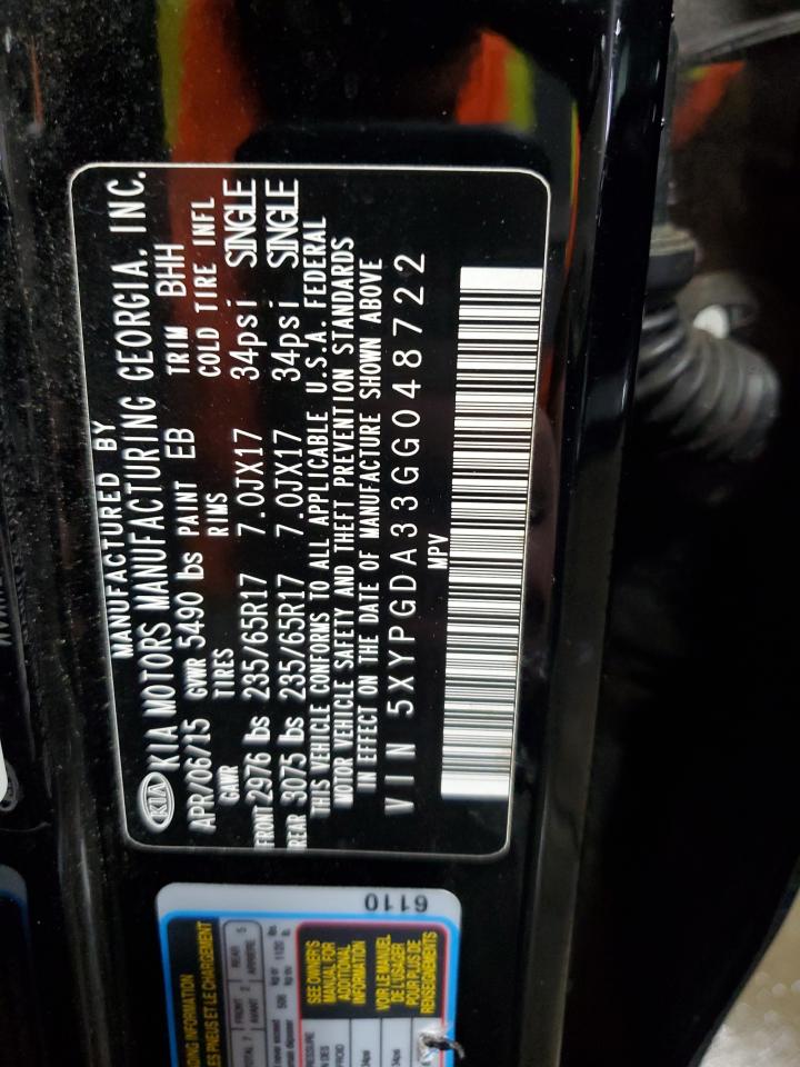 2016 Kia Sorento Lx VIN: 5XYPGDA33GG048722 Lot: 85545145