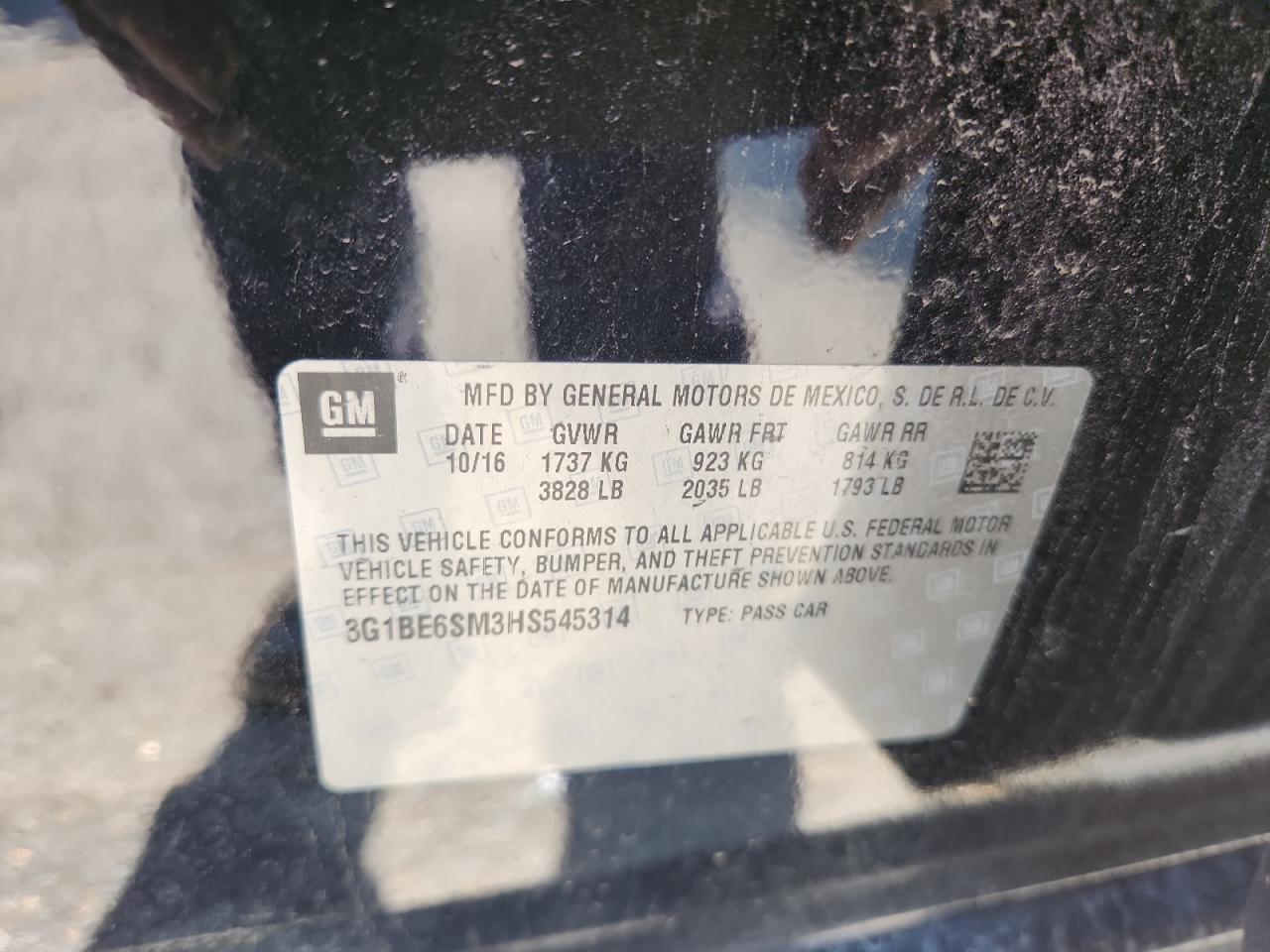 2017 Chevrolet Cruze Lt VIN: 3G1BE6SM3HS545314 Lot: 85127325