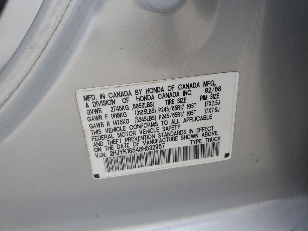2008 Honda Ridgeline Rtl VIN: 2HJYK16548H532957 Lot: 85589145