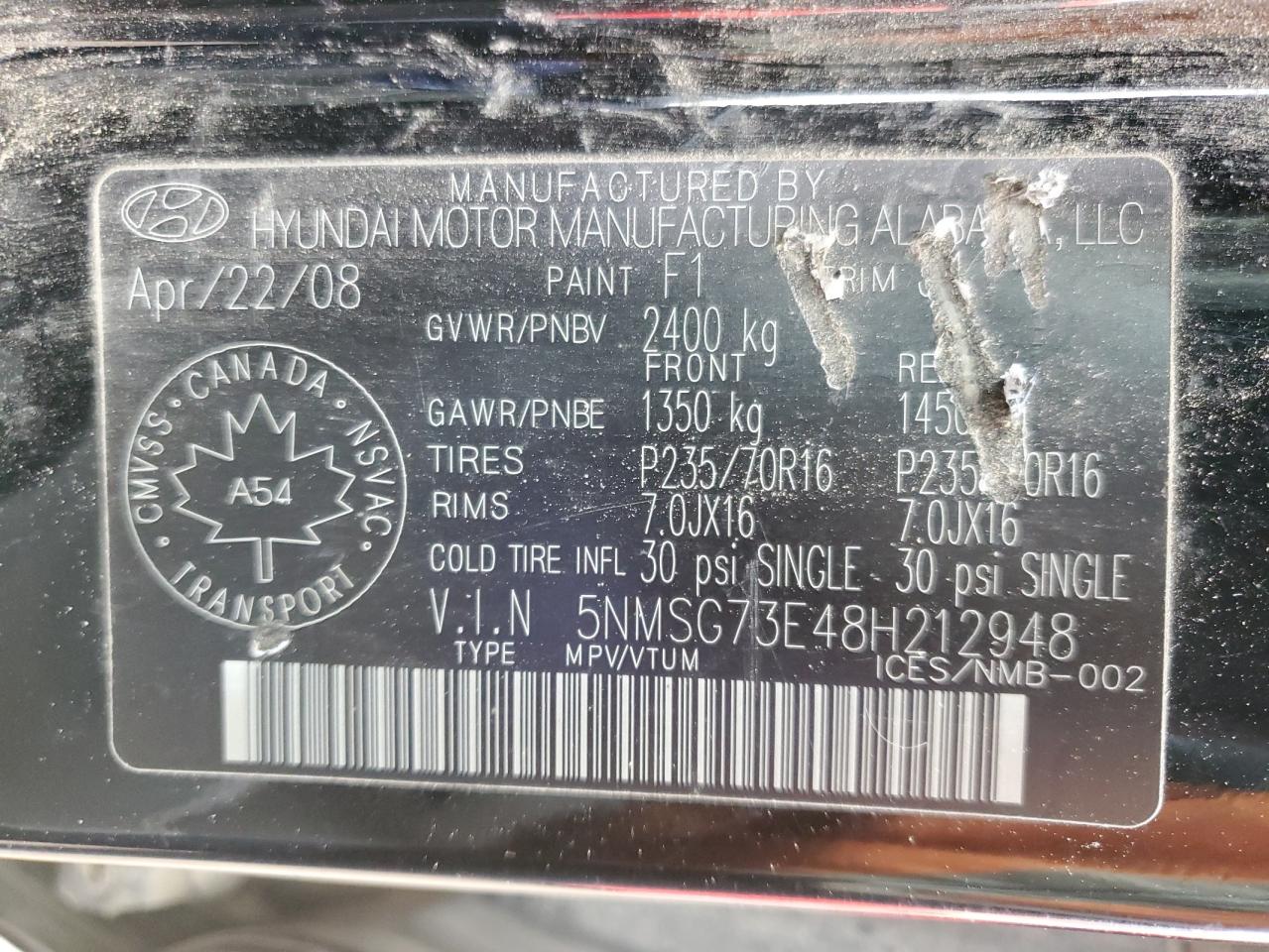 2008 Hyundai Santa Fe Gl VIN: 5NMSG73E48H212948 Lot: 87455495