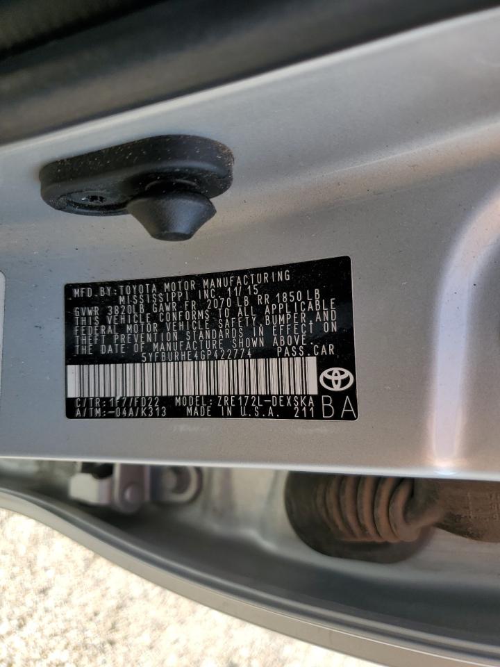 2016 Toyota Corolla L VIN: 5YFBURHE4GP422774 Lot: 85595275