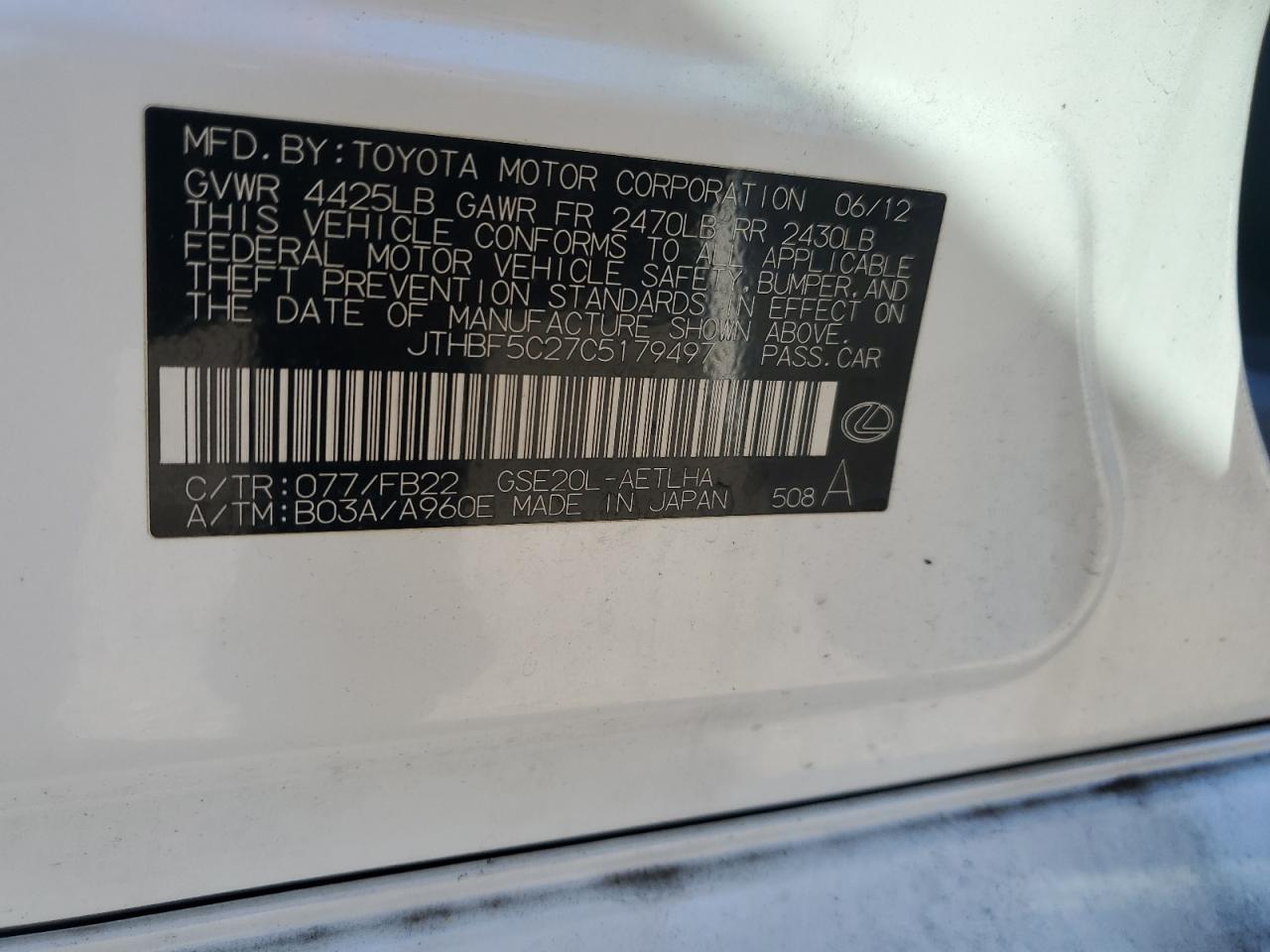 2012 Lexus Is 250 VIN: JTHBF5C27C5179497 Lot: 90462255