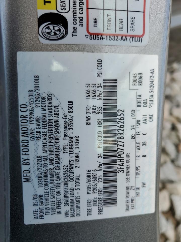 2008 Ford Fusion Se VIN: 3FAHP07Z78R262652 Lot: 84614665