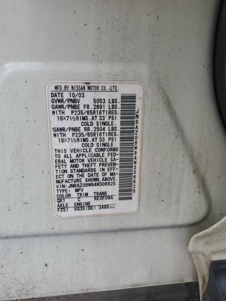 2004 Nissan Murano Sl VIN: JN8AZ08W94W306625 Lot: 82274475