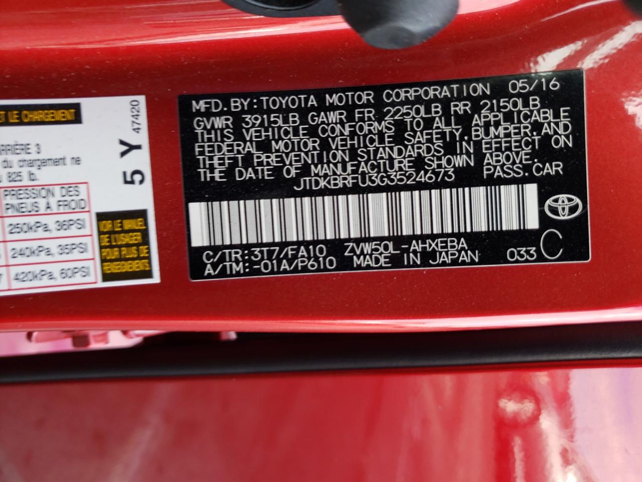 2016 Toyota Prius VIN: JTDKBRFU3G3524673 Lot: 84987005