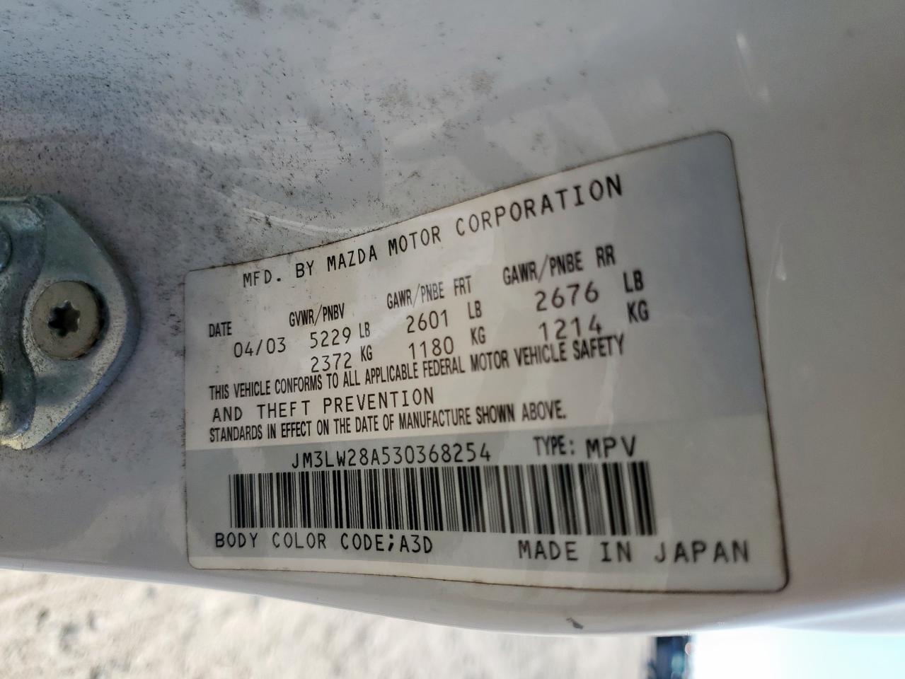2003 Mazda Mpv Wagon VIN: JM3LW28A530368254 Lot: 86128445