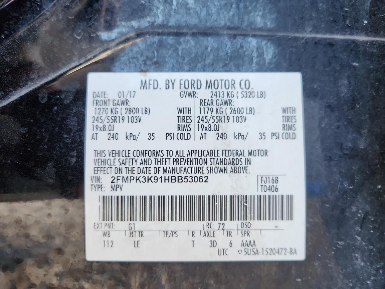 2017 Ford Edge Titanium VIN: 2FMPK3K91HBB53062 Lot: 85720165