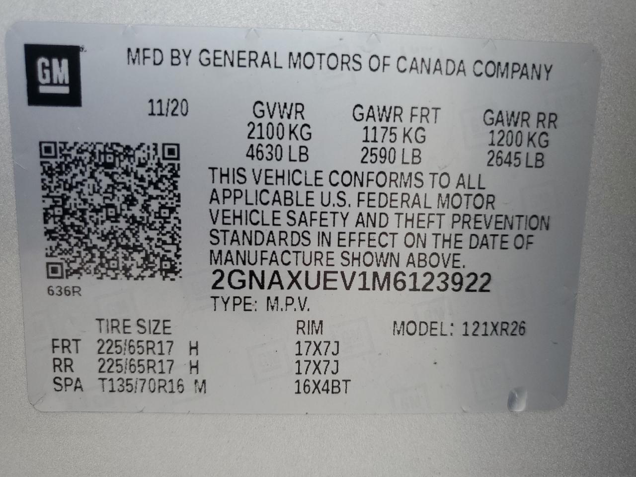 2021 Chevrolet Equinox Lt VIN: 2GNAXUEV1M6123922 Lot: 84817935