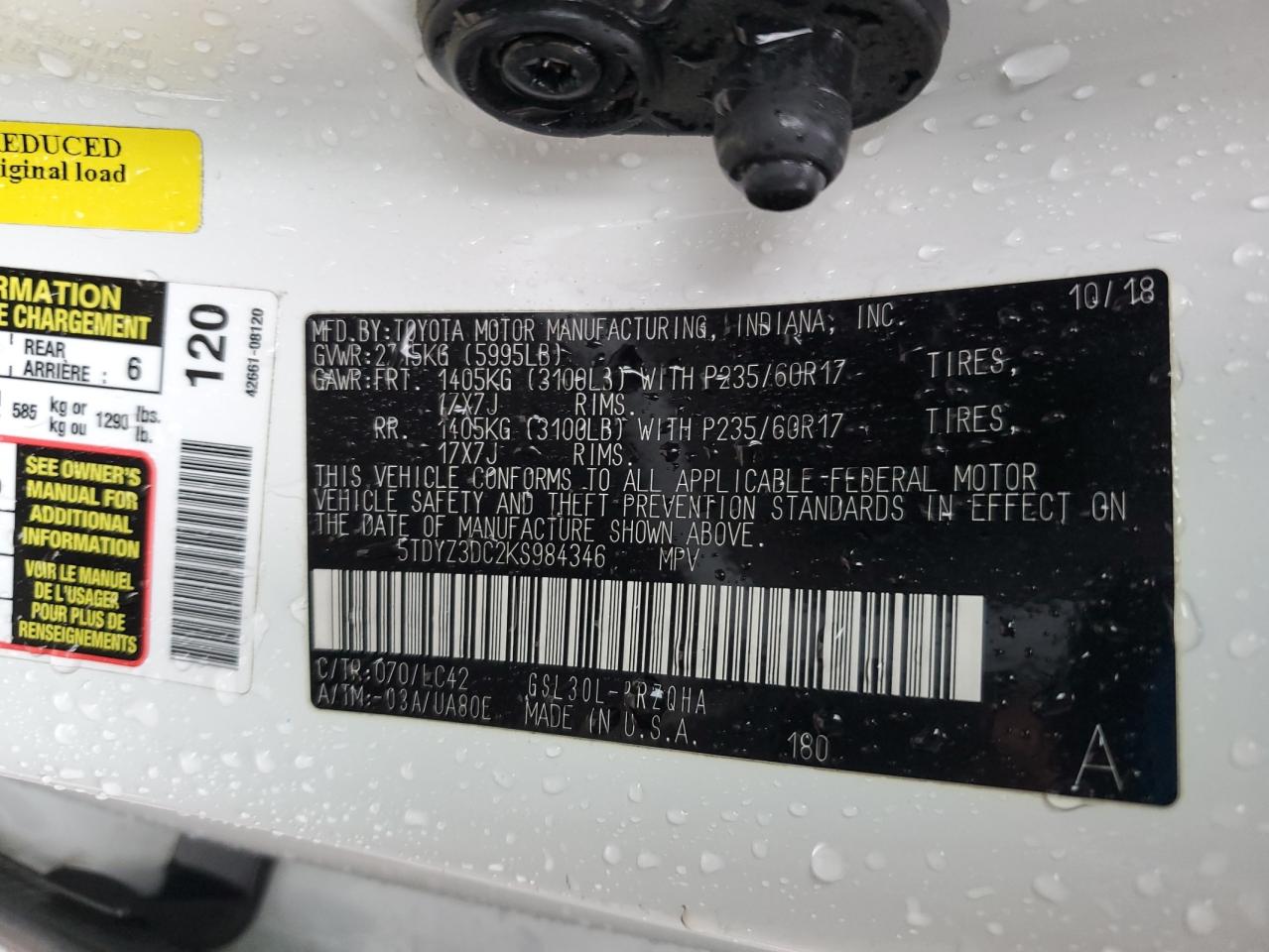 2019 Toyota Sienna Xle VIN: 5TDYZ3DC2KS984346 Lot: 85585005