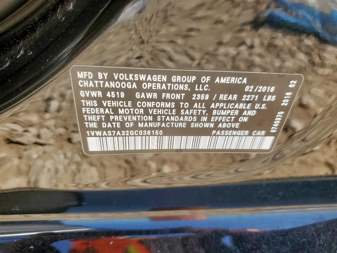 2016 Volkswagen Passat S VIN: 1VWAS7A32GC036150 Lot: 86062155